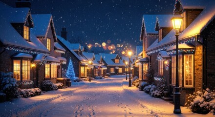 Enchanting winter wonderland scene with snow covered cottages glowing with festive lights, creating a magical Christmas holiday mood and cozy atmosphere