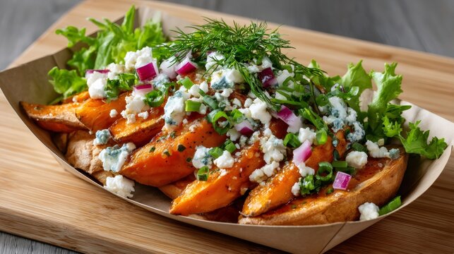 Sweet potato wedges with blue cheese and dill topping - Powered by Adobe