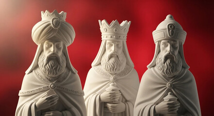 Three White Stone Sculptures of Wise Men with Beards