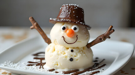 Adorable Vanilla Ice Cream Snowman with Chocolate Hat and Pretzel Arms