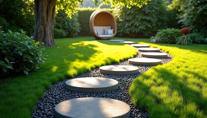 Stone stepping path winds through rich green grass and dark pebbles in a sunlit garden. A modern pod chair sits on lawn near mature tree. Peaceful outdoor space.