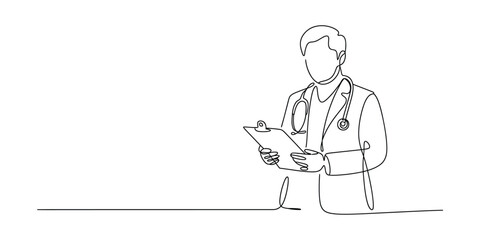 Continuous line art doctor holding clipboard and stethoscope