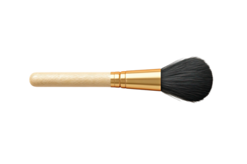 Angled powder brush with wood handle, gold ferrule on black