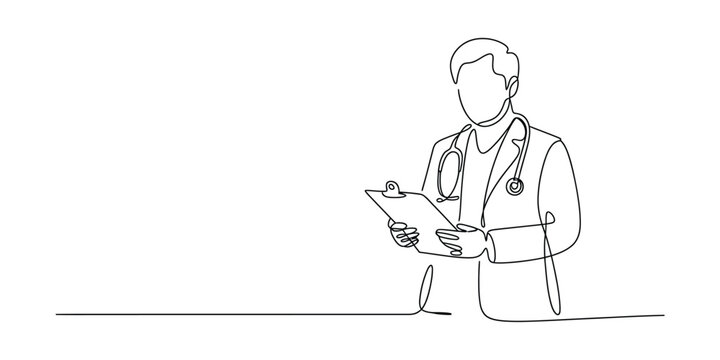 Continuous line art doctor holding clipboard and stethoscope