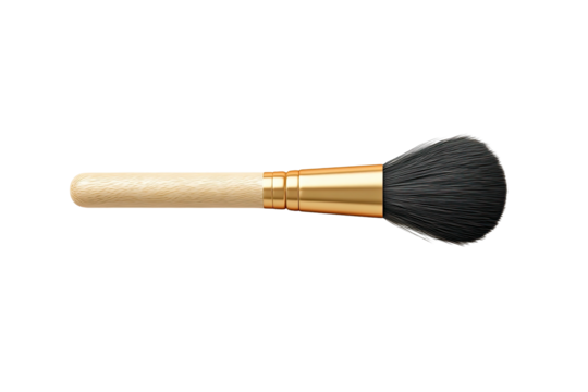 Angled powder brush with wood handle, gold ferrule on black