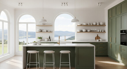 Modern Minimalist Green Kitchen Interior Design with Island and Arched Windows