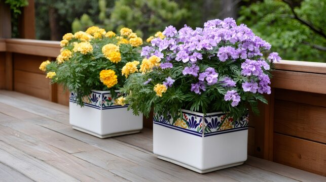 Talavera ceramic planters holding marigold and verbena flowers - Powered by Adobe