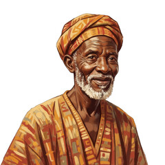 Elderly African Man Wearing Traditional Orange Headwrap and Patterned Robe Smiling Warmly With Wisdom in His Eyes Isolated on Black Background