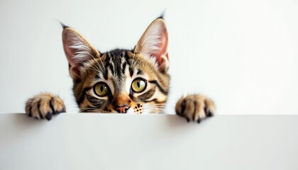 Curious tabby kitten peeks over white board. Its paws rest on surface. Animal looks attentively at camera. Empty space for text allows custom messages.