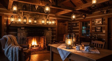 Cozy cabin interior with warm fireplace glow and vintage lanterns creates a relaxing escape, perfect for lifestyle, travel, or home decor projects