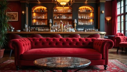 Plush red velvet sofa in a classic bar. Elegant furniture, ambient lighting, and a well-stocked bar create a luxurious atmosphere for relaxation and socializing.