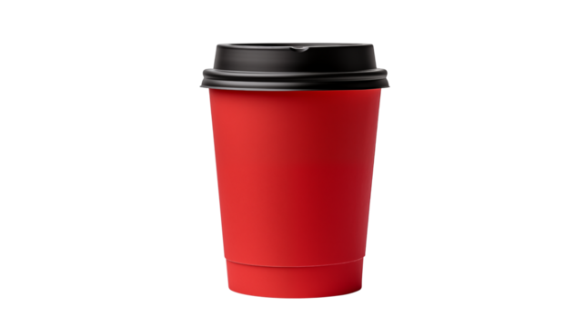 A single red coffee cup with a black lid isolated against a plain black background in a studio shot