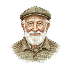 Elderly Man With White Beard And Flat Cap Portrait Detailed Watercolor Illustration Isolated On Black Background