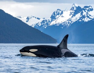 Orca whale swims in tranquil waters with snow-capped mountains in the backdrop