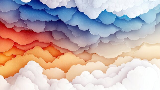 Abstract layered clouds in a spectrum of colors from deep blue to fiery orange and soft white.
