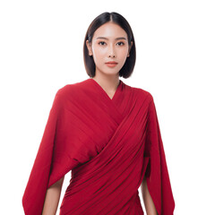 Elegant Asian Woman Wearing a Vibrant Red Dress with Pleated Details and Sparkly Makeup Posed Against a Clean White Background