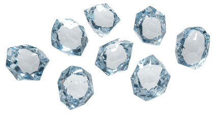 Eight highly detailed geometric ice shards with a blue glow floating in a high-key white studio environment, macro shot emphasizing clarity and sharp edges. concept for premium refreshment advertising