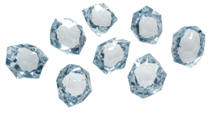 Eight highly detailed geometric ice shards with a blue glow floating in a high-key white studio environment, macro shot emphasizing clarity and sharp edges. concept for premium refreshment advertising
