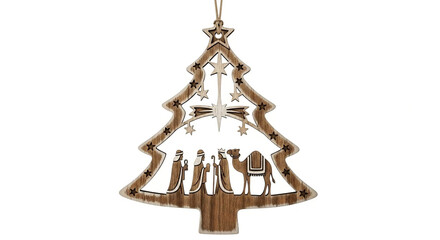 Wooden Christmas tree ornament with nativity scene figures and stars image photo