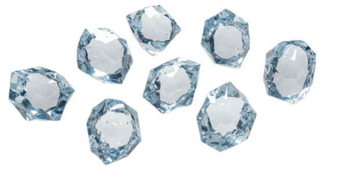 Eight highly detailed geometric ice shards with a blue glow floating in a high-key white studio environment, macro shot emphasizing clarity and sharp edges. concept for premium refreshment advertising