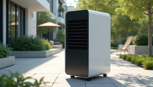 An air cooler sits outside on a patio. The photo illustrates eco friendly cooling tech and modern design solutions. It is a new innovative approach to home climate control.