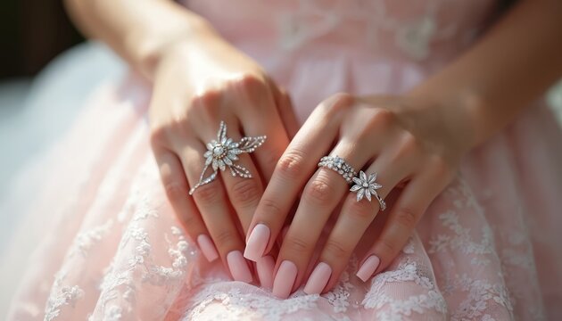 Bride hands with elegant pink nails wear sparkly rings. Woman shows off diamond jewelry on her wedding day in a light pink dress. Soft focus background.