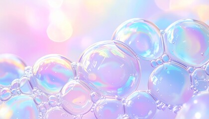 Ultra-realistic close-up macro of iridescent soap bubbles creating a seamless foam pattern against a soft pastel bokeh background