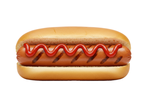 Perfectly constructed, ultra-detailed american hot dog with grilled sausage and vibrant zigzag ketchup on a soft brioche bun, isolated on a white background. Concept for premium product advertising