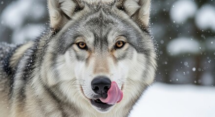 Close up of a gray wolf licking its nose in a snowy environment looking directly at the camera view
