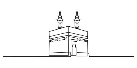 One line art drawing of the kaaba, holy islamic site in mecca.