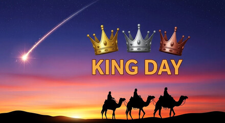 Three Wise Men on Camels Following a Shooting Star with King Day Text caravan desert