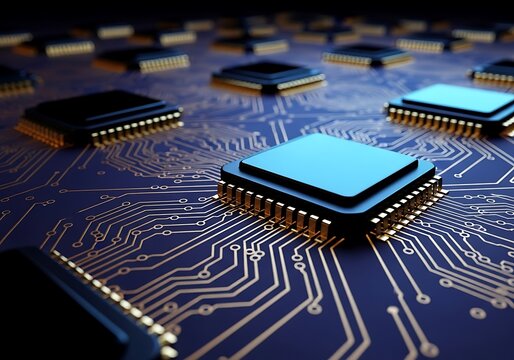 Close up of computer microchips on a circuit board isolated on white background