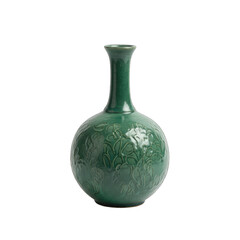 Elegant Dark Green Ceramic Vase Adorned With Intricate Floral Embossment Set Against a Stark Black Background Showcasing Detailed Craftsmanship