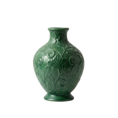 Elegant Dark Green Ceramic Vase with Intricate Floral Embossing and a Narrow Neck Isolated on a Black Background with Subtle Lighting