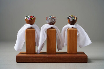 Three wooden figures with white cloth and jeweled tops carved handmade