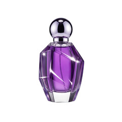 Elegant faceted glass perfume bottle with purple liquid and silver cap isolated on black background studio product shot