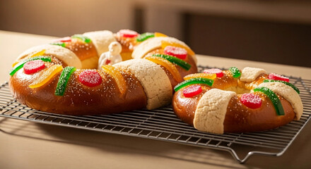 Traditional Rosca de Reyes Cakes on a Cooling Rack King Cake Epiphany