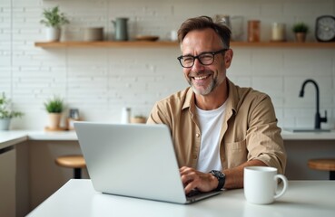 Middle-aged man with glasses happily types on laptop computer. Smiling man works remotely from home kitchen with coffee cup near him. Online communication and work task.