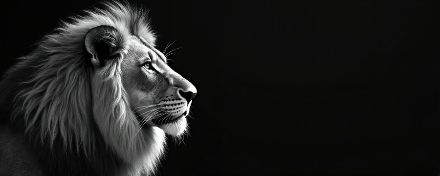 Majestic lion profile, a symbol of strength and pride, gazes into distance against dark background. Mono portrait conveys power and wild spirit. Space for text included.