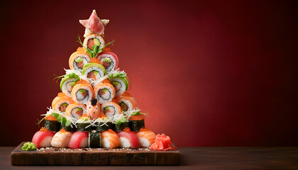 Creative sushi tree arrangement on wooden platter with festive colors