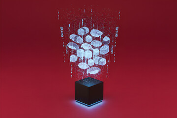 3D illustration of floating geometric shapes above a glowing cube on red background