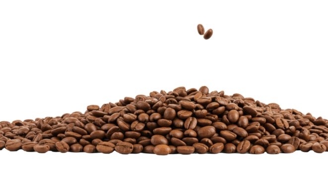 macro close-up of light roasted arabica coffee beans, dynamic pile against a transparent backdrop, hard side lighting maximizing texture and contrast, commercial coffee advertising concept