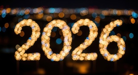 Celebrate 2026 New Year with vibrant golden light display against city skyline, ushering in hope, prosperity, and joyful anticipation