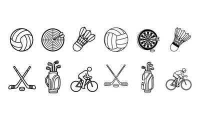 Sport equipment outline icon set. volleyball, darts, badminton, hockey, golf, cycling.