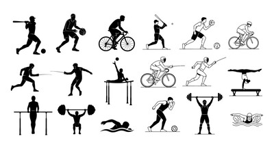Collection of diverse sport activities and athletes silhouettes for various designs