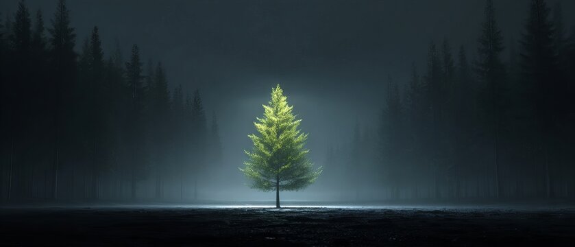 Enchanting luminous green tree glowing in dark mystical forest at night fantasy nature background for magical landscape design and dreamy wallpaper