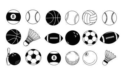Sporting equipment collection: diverse iconic black and white graphics