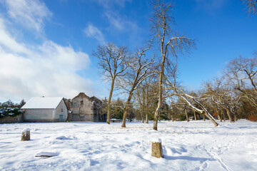 Snow on the Hermitage of Franchard. Fontainebleau forest
