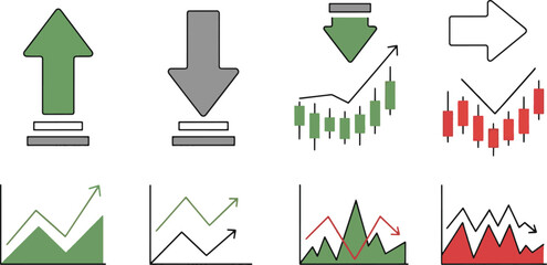 Stock market trend icons, green and red arrows and charts isolated on
