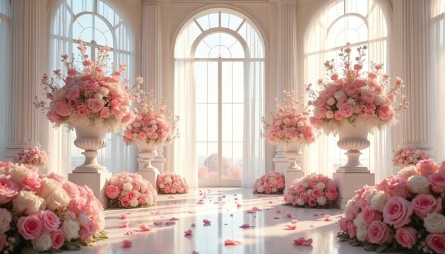 Elegant ballroom adorned with abundant pink roses and white floral arrangements. Large urns hold bouquets. Petals scatter across shiny floor near grand arched windows letting in soft light.